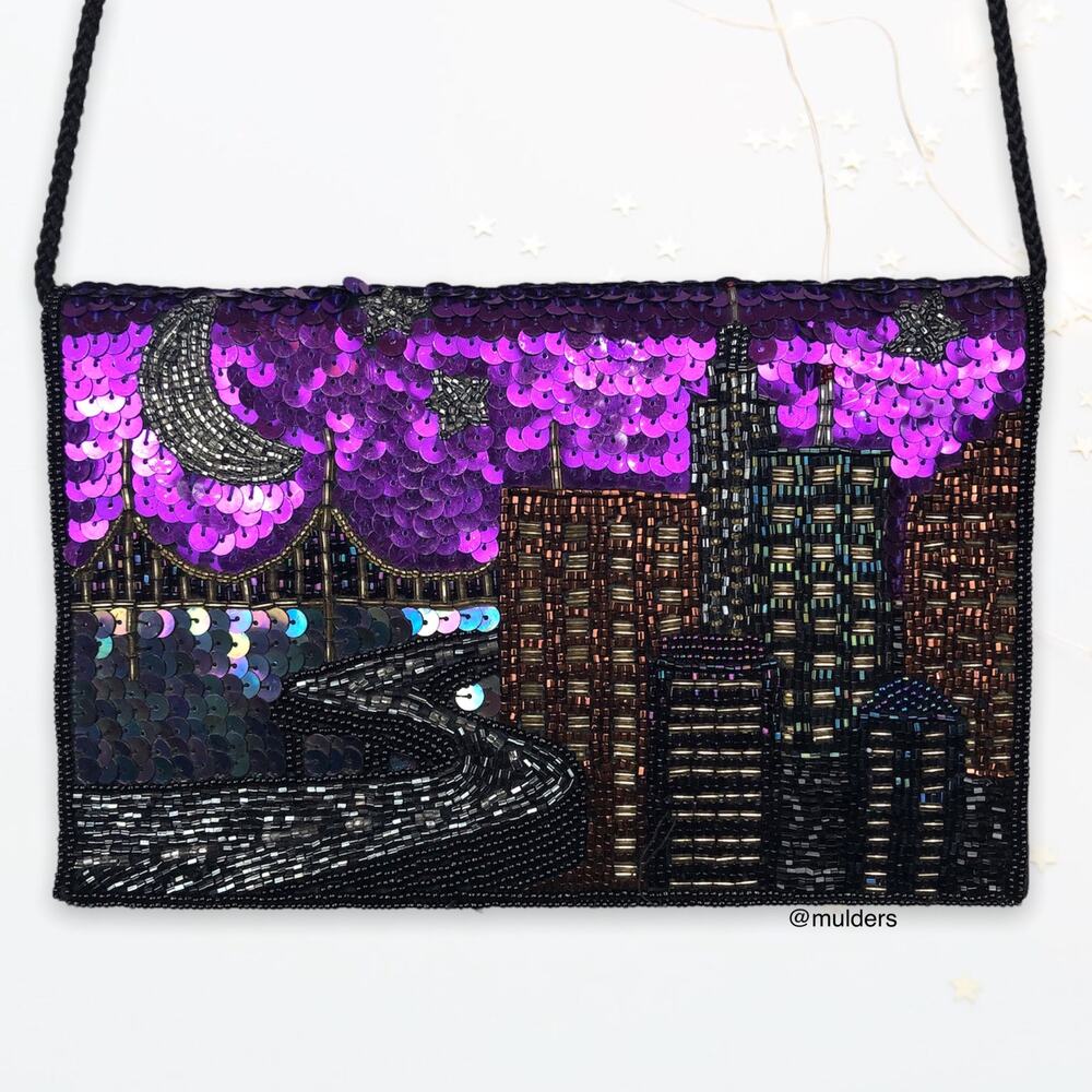 Vintage Sequin Artwork Art San Francisco Scenery Crossbody Purple Black Purse